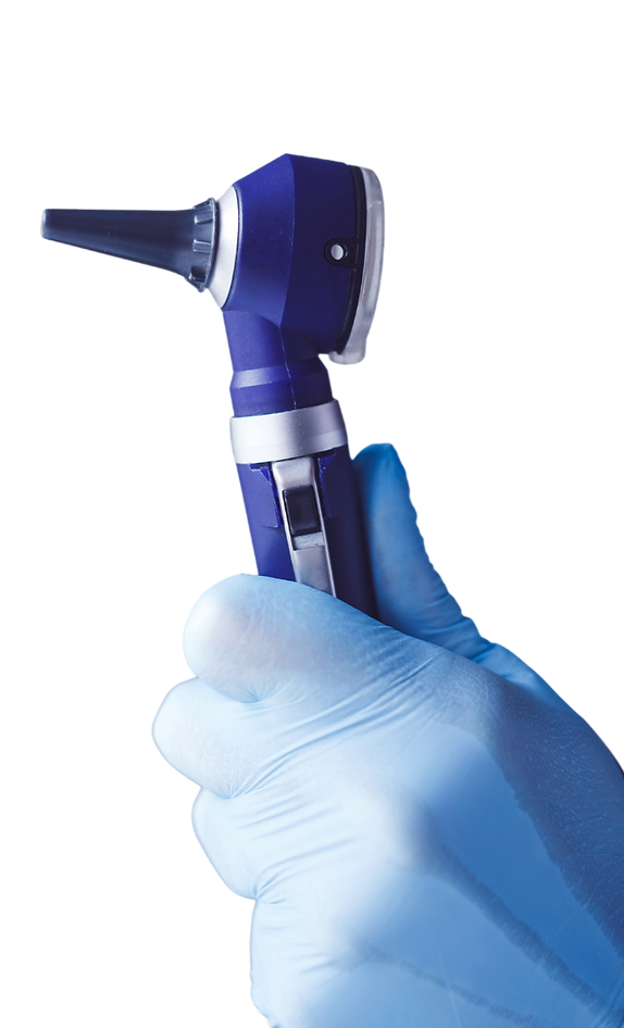 Gloved hand holding an otoscope.