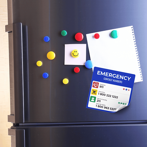 Printable Emergency Contact Information from ENT Family in Hollywood, Florida displayed on a refrigerator door.