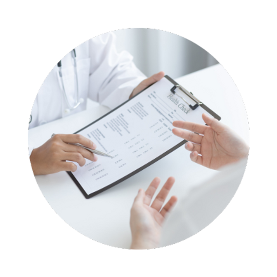 A healthcare professional holding a clipboard while consulting with a patient.