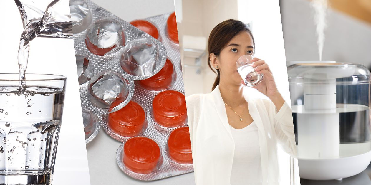 A collage of a glass of water, packets of lozenges, a woman gargling, and a humidifier device.