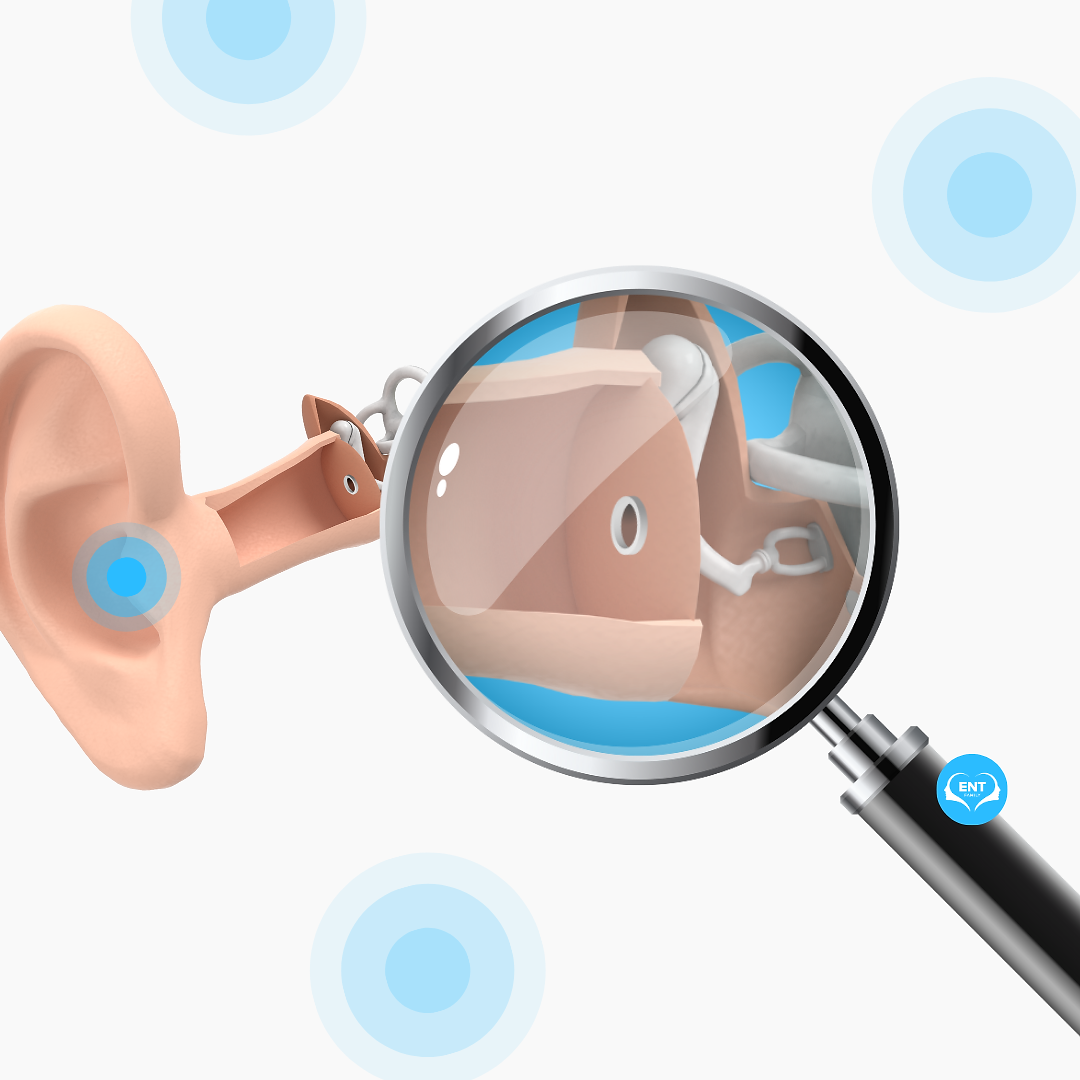 a person's ear being examined with a magnifying glass.