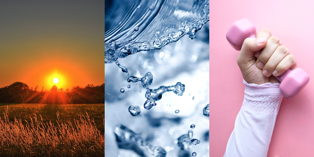 A three-photo collage of a sunset, water, and a hand holding a 5 Lb weight. 