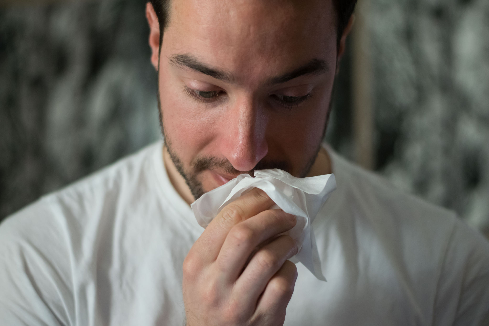 Man with allergies holding a piece of tissue close to his nose.