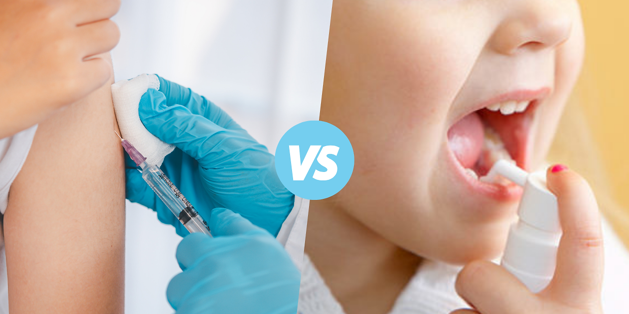 A side-by-side photo of a medical professional administering an arm injection and a photo of allergy drops being self-administered by a child. The letters "VS" or versus written in the middle.