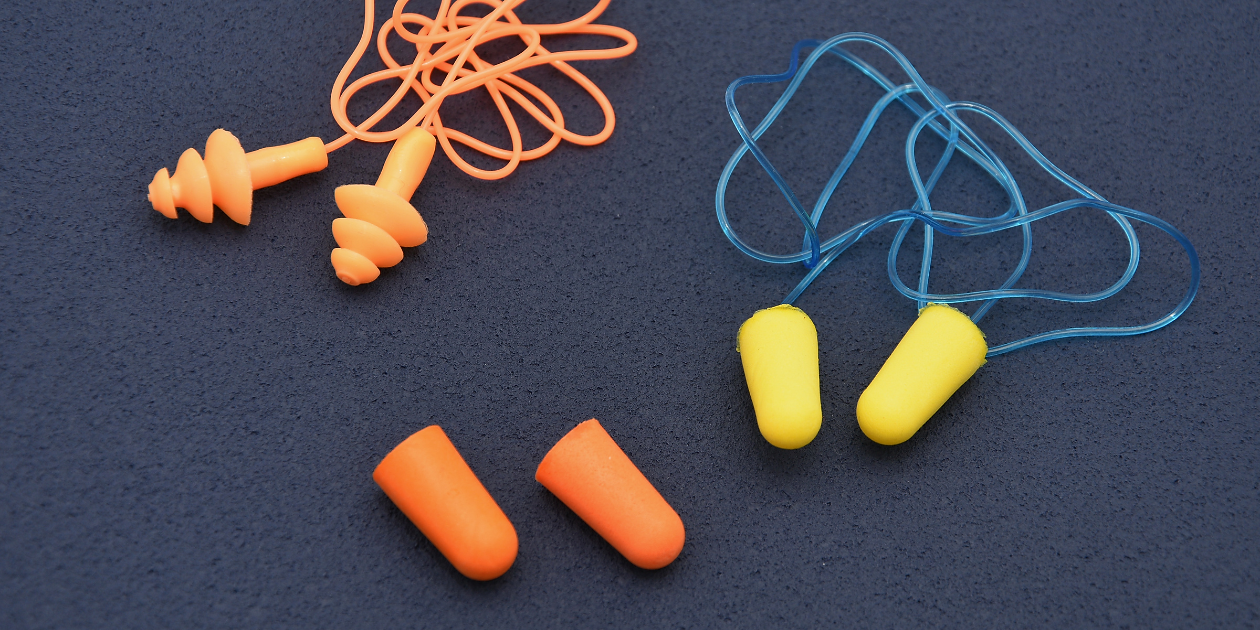 Three types of earplugs: foam, corded foam, and pre-molded, for hearing protection.
