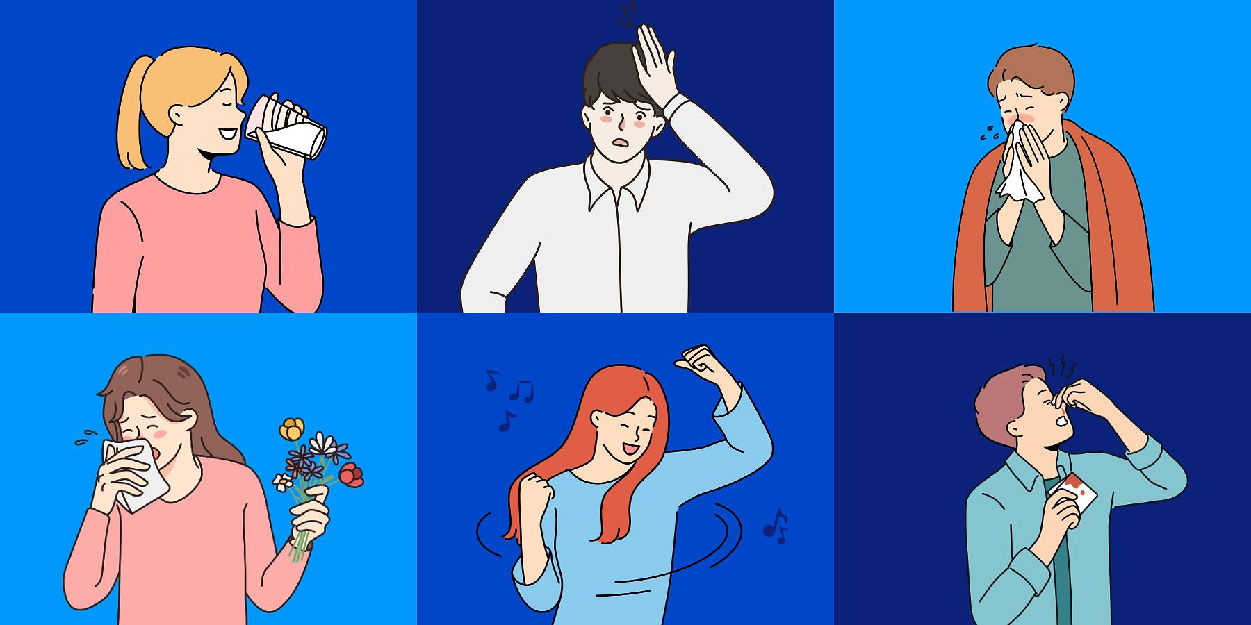 The image displays a grid of six illustrated panels. Each panel features a different person engaged in an activity related to the senses.
