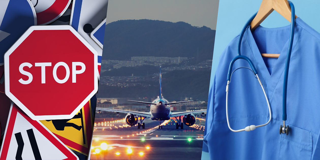 A collage of road traffic safety signs, an airplane taking off, and a scrub top on a hanger with a stethoscope hanging around it.