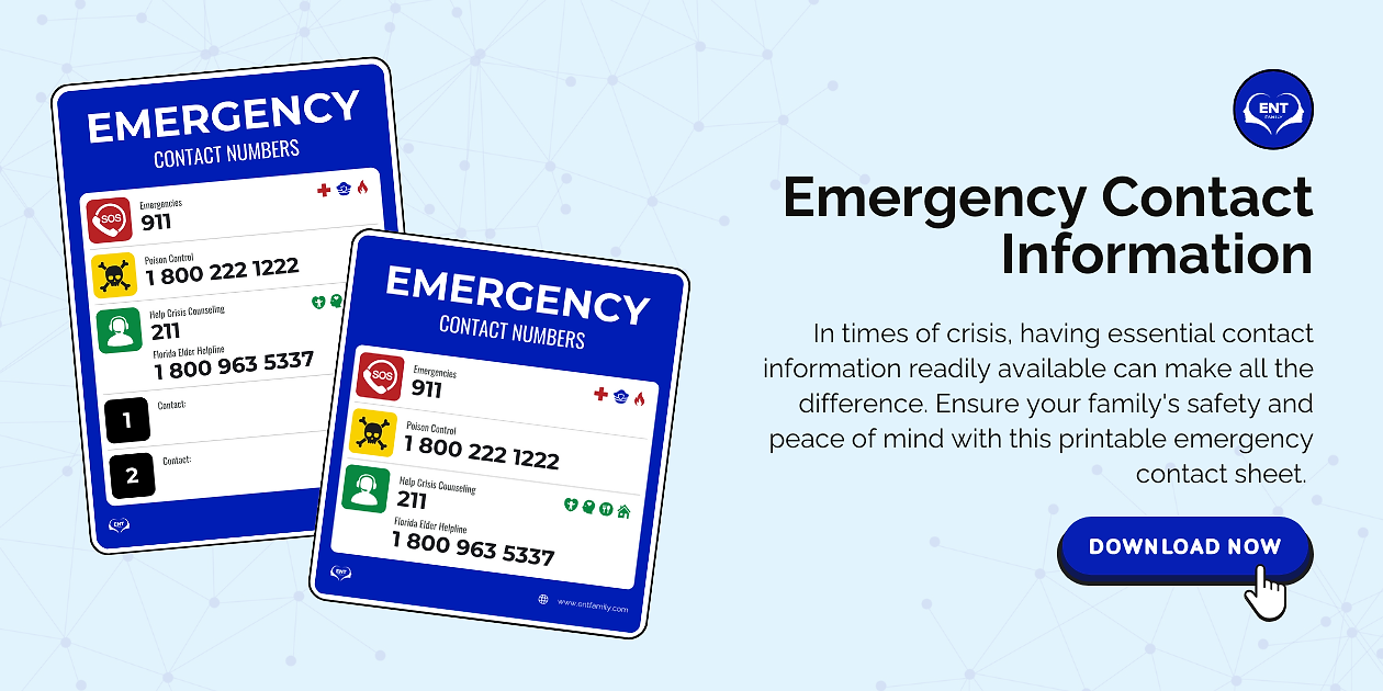 Printable emergency contact information sign by ENT Family.