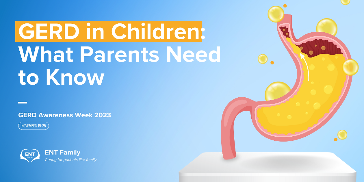 Thumbnail image for the blog title "GERD in Children: What Parents Need to Know" in commemoration of GERD Awareness Week 2023 (November 19-25) by ENT Family. On the right side, a captivating vector illustration depicts a stomach with its contents seemingly bubbling out, effectively illustrating the condition.