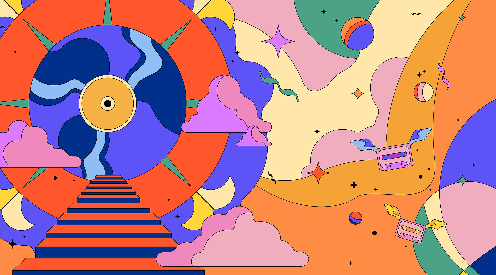 Illustrated music world with flying cassette tapes.