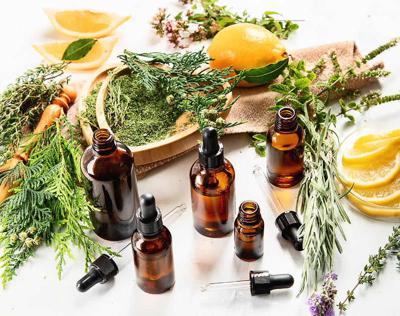 Bottles of essential oils, aromatherapy. 